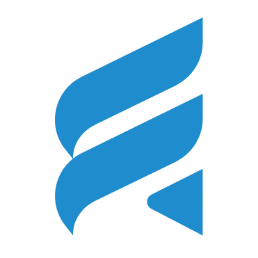 Ein stilisiertes blaues "F"-Logo mit gebogenen und spitzen Formen vor einem hellgrauen Hintergrund.