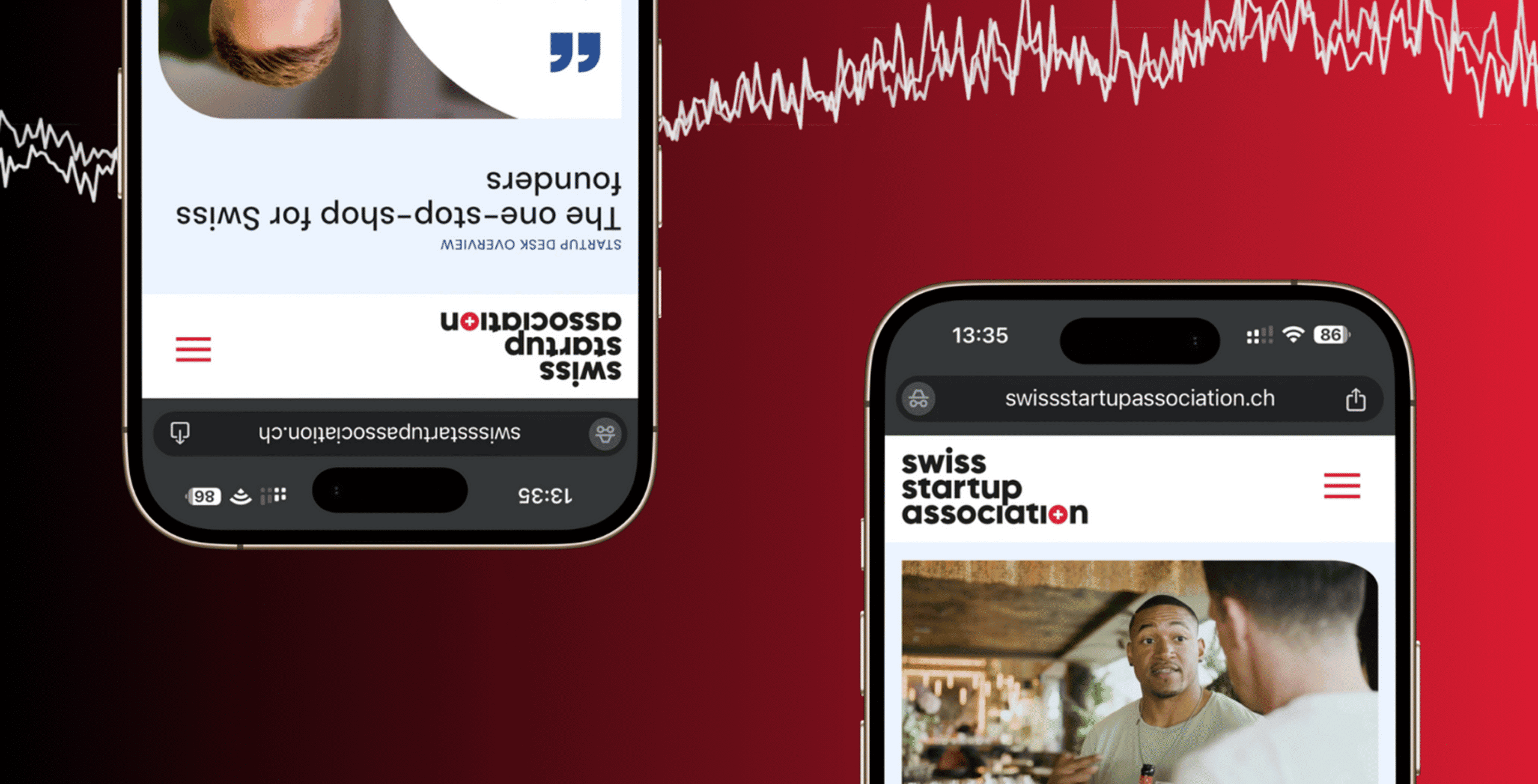 Zwei Smartphones zeigen die Website der Swiss Startup Association; eines davon ist verkehrt herum. Eine weiße Wellenform verläuft über einen von Rot nach Schwarz verlaufenden Hintergrund.
